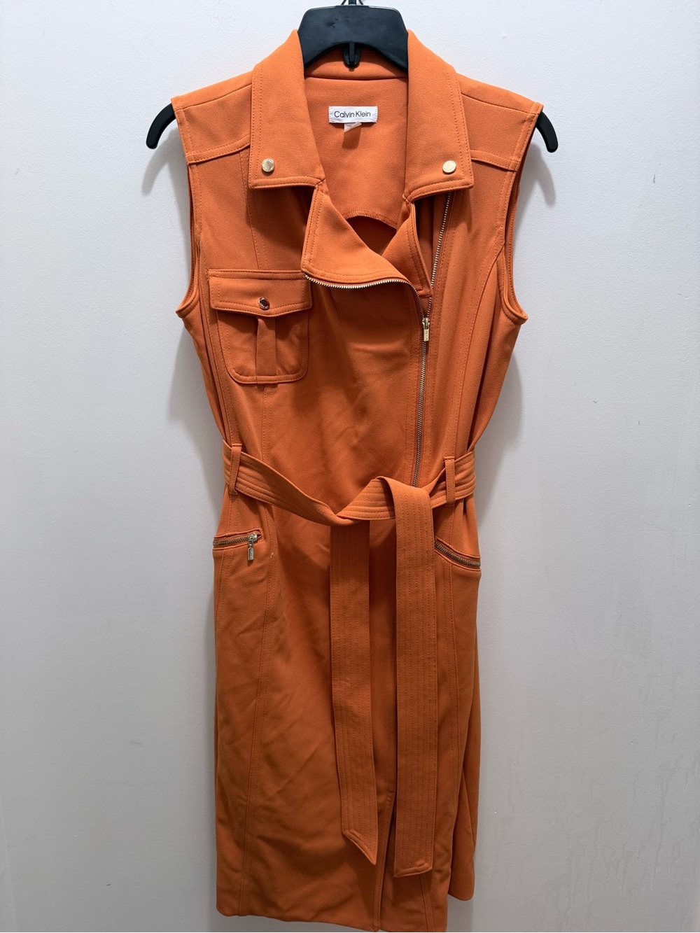 Calvin Klein Orange Sleeveless Zip Dress with Belt